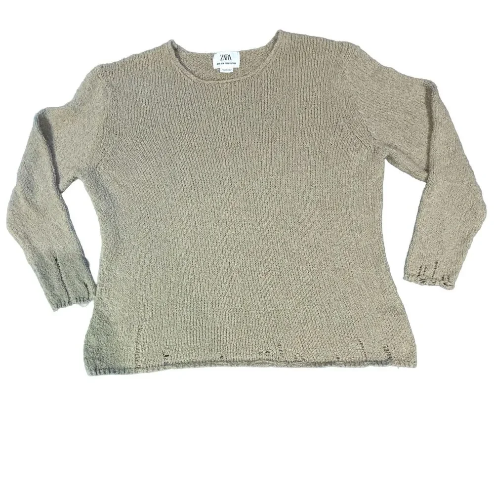 Zara Man New York Edition Men's L Taupe Distressed Knit Grunge Sweater